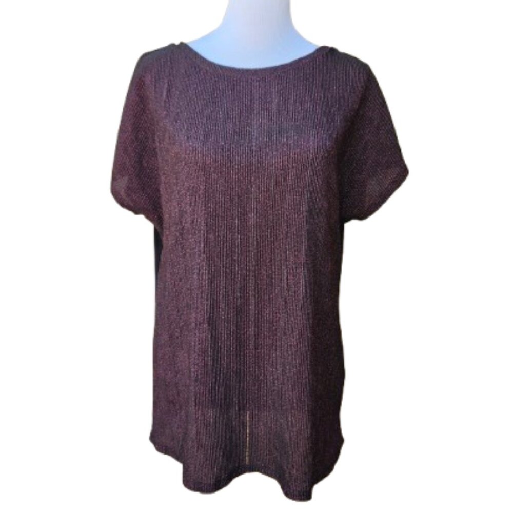 Loralette Plus Mixed Media Dressy Blouse Sparkle Black Pink Short Sleeves